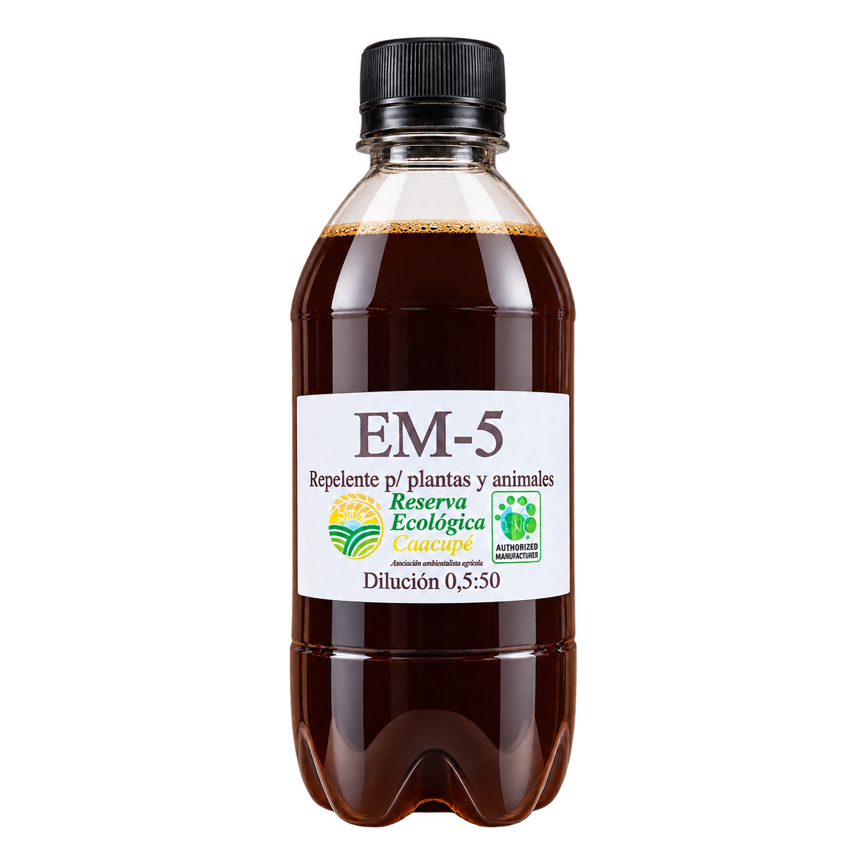 EM-5 von Reserva Ecológica Caacupé, Flasche mit dunkler Flüssigkeit und schwarzem Schraubverschluss
