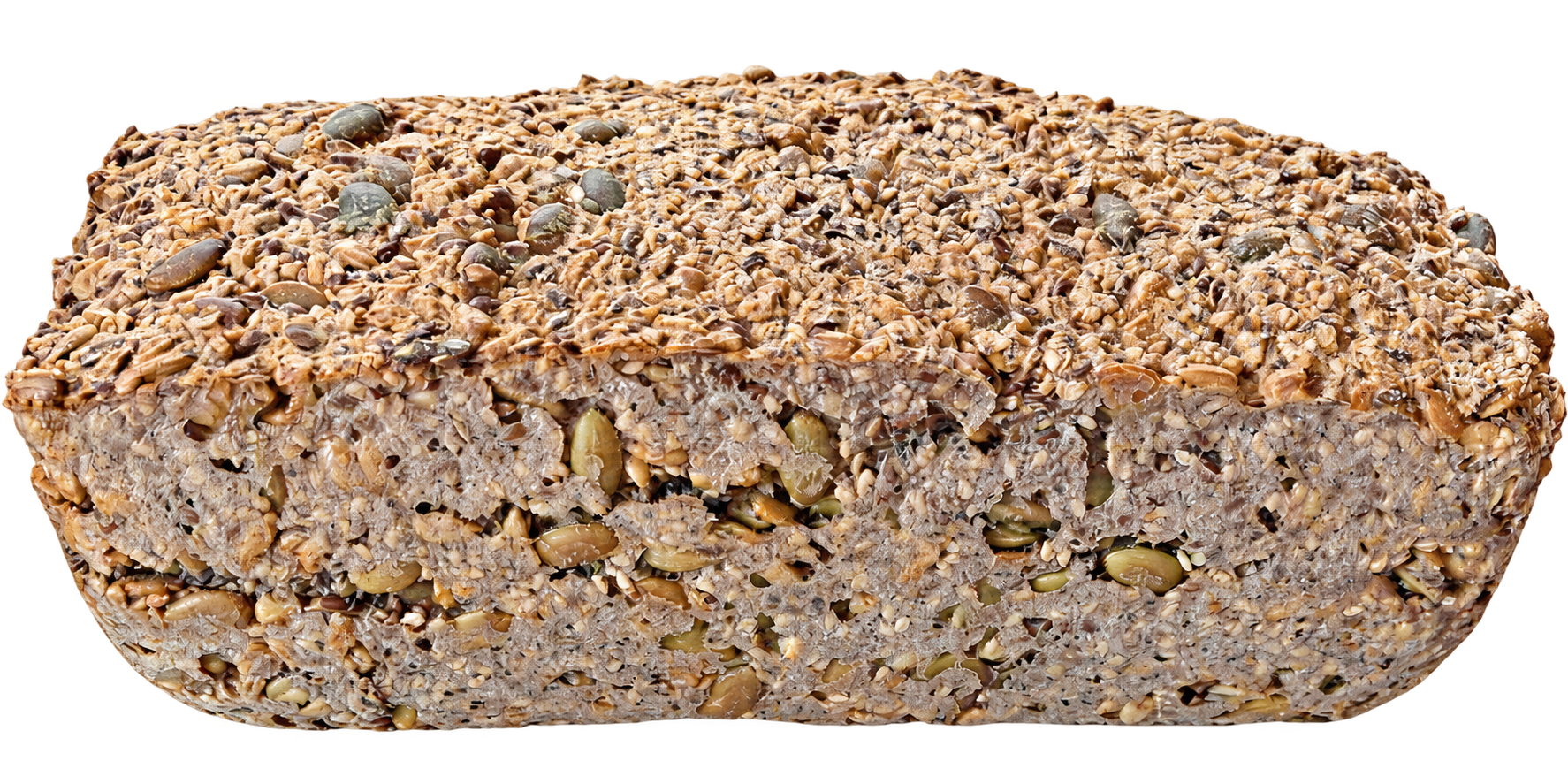 Glutenfreies Saatenbrot mit Kürbiskernen, Sonnenblumenkernen und weiteren Saaten, ohne Verpackung freigestellt
