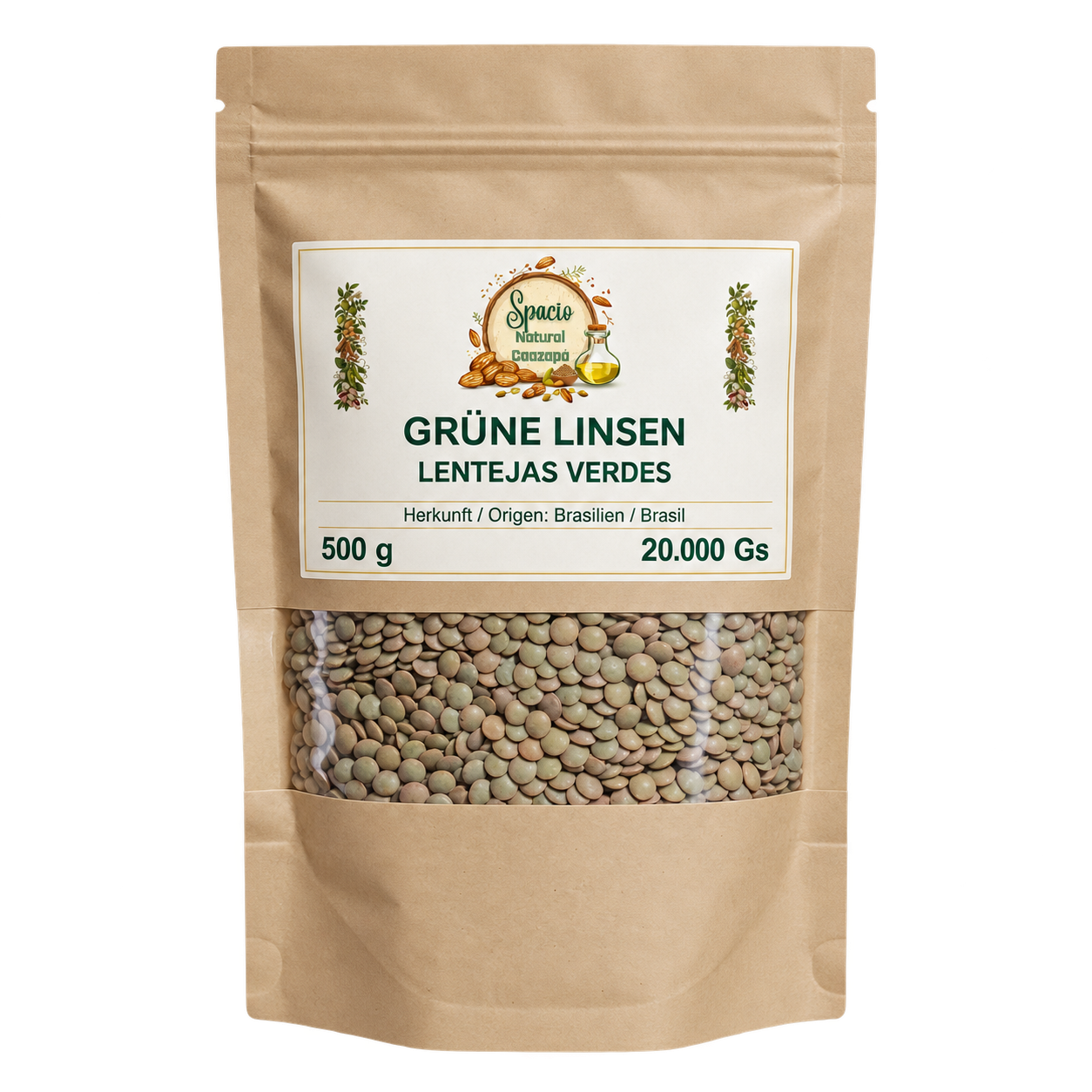 Grüne Linsen, 500 g, Kraftpapierbeutel mit Sichtfenster