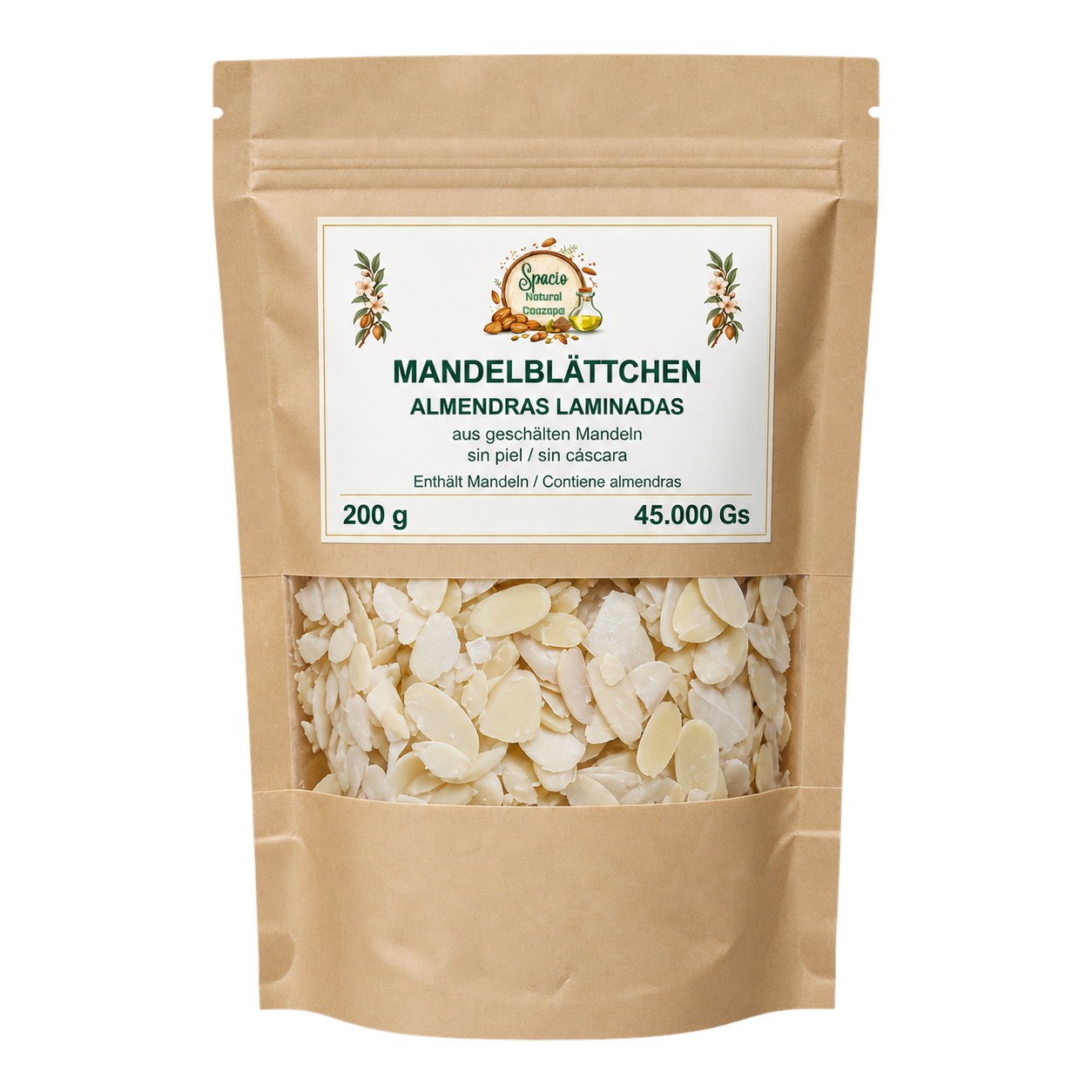 Mandelblättchen aus geschälten Mandeln, 200 g, Kraftpapierbeutel mit Sichtfenster