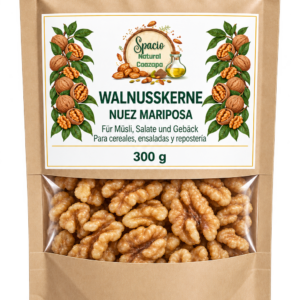 Bolsa de nuez mariposa natural de 300 g; representación ilustrativa del envase creada con IA.