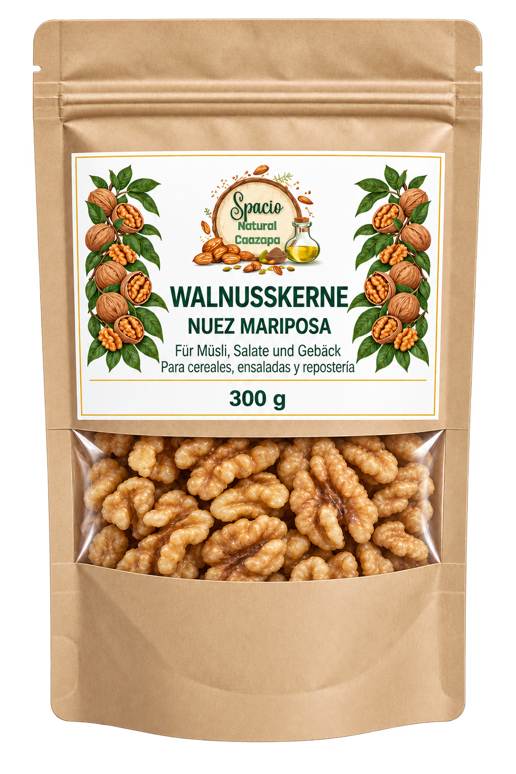 Bolsa de nuez mariposa natural de 300 g; representación ilustrativa del envase creada con IA.
