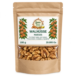 Walnüsse, 100 g, im Kraftpapierbeutel mit Spacio-Natural-Caazapá-Etikett; illustrative KI-Darstellung